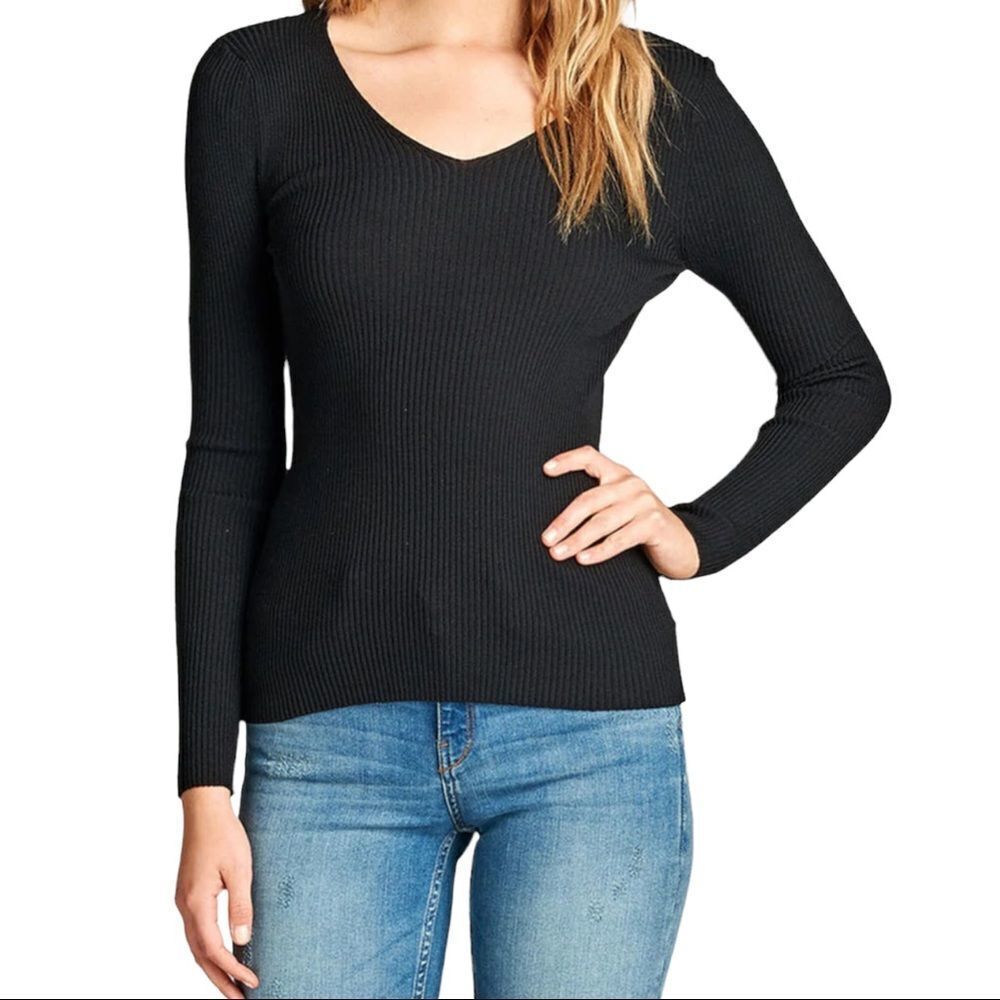 AX Armani Exchange Jet Black Rayon Black Ribbed V Neck Sweater Size L